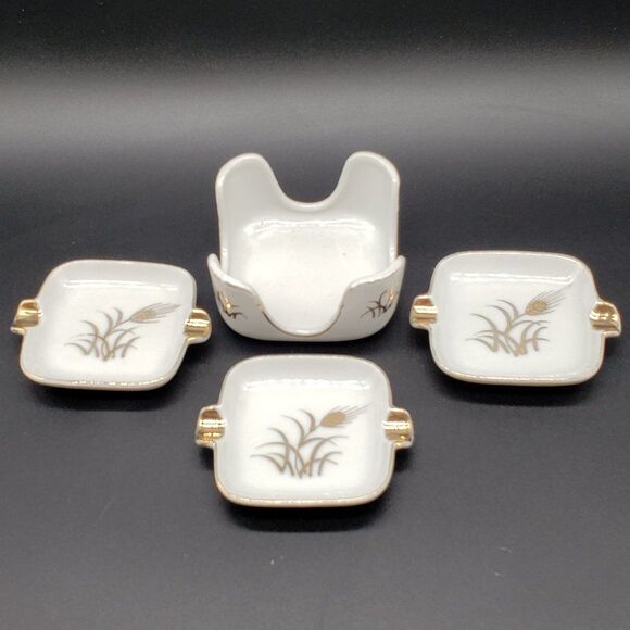 Lefton White Gold Wheat Design Vintage Personal Porcelain Ashtrays with Holder - Picture 8 of 11